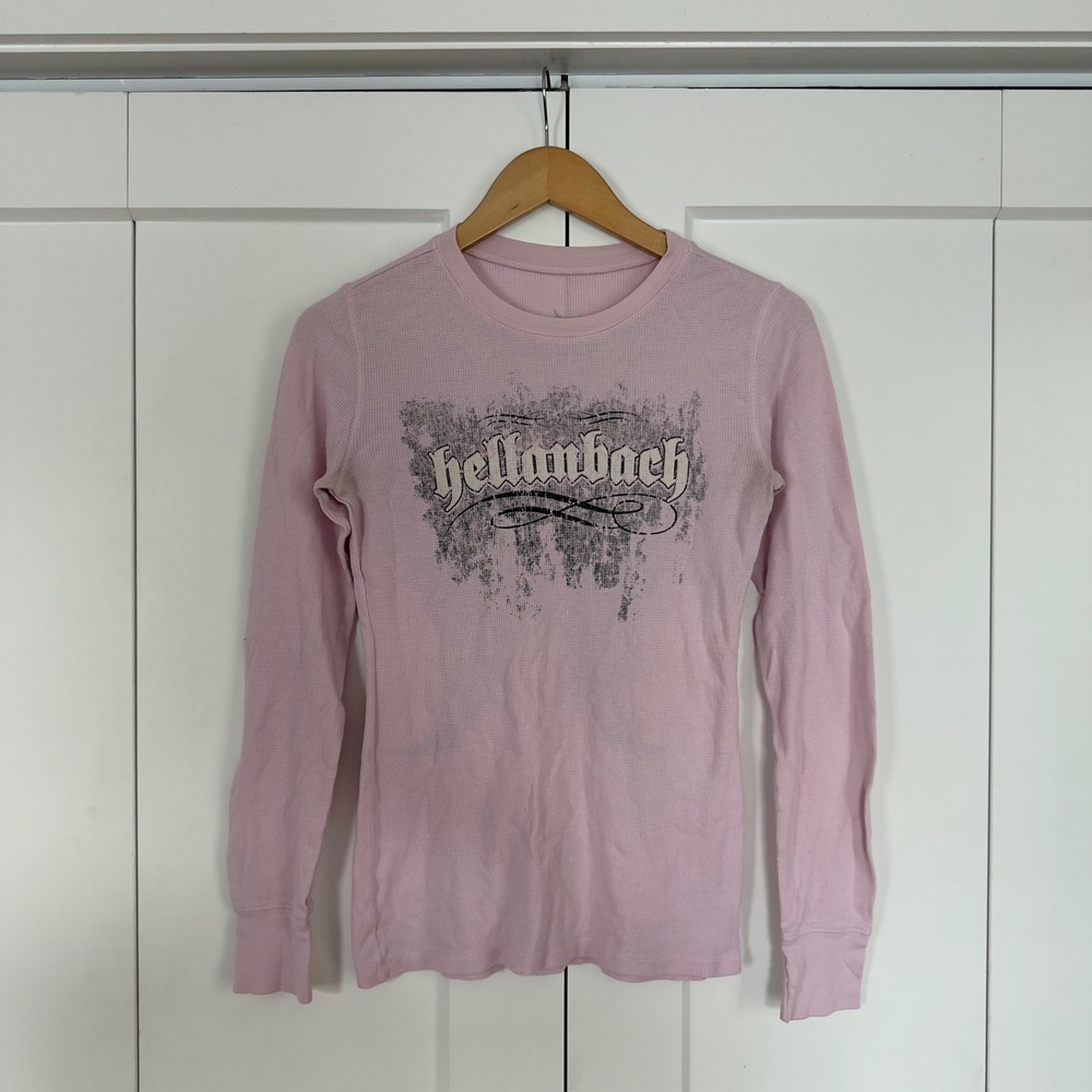 Womens Hellanbach Thermal Top Small Pink Angel Wings Graphic Long Sleeve Y2K